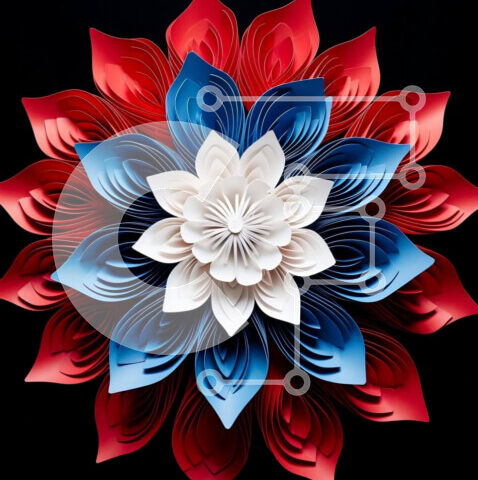 Intra Συλλεκτικό Ξύλινο Παζλ Plywood  4mm - Μεγάλο χάρτινο λουλούδι σε κόκκινο, λευκό και μπλε σε μαύρο φόντο Σε Ξύλινο Κουτί - Διαστάσεις Puzzle: 10x10 cm – 25 κομμάτια - Image 1