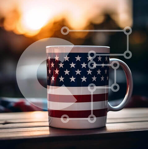 Intra Συλλεκτικό Ξύλινο Παζλ Plywood 4mm - Λευκή κούπα καφέ με σχέδιο αμερικανικής σημαίας στο ηλιοβασίλεμα Σε Ξύλινο Κουτί - Διαστάσεις Puzzle: 10x10 cm – 25 κομμάτια - Image 1