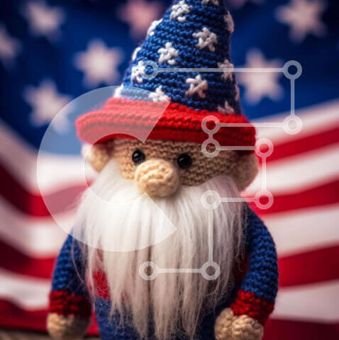 Intra Συλλεκτικό Ξύλινο Παζλ Plywood  4mm - Πλεκτό Gnome μπροστά από την αμερικανική σημαία Σε Ξύλινο Κουτί - Διαστάσεις: 10x10 cm – 25 κομμάτια - Image 1