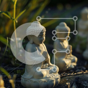 Intra Συλλεκτικό Ξύλινο Παζλ Plywood  4mm - Ομάδα λευκών αγαλμάτων του Βούδα ανάμεσα σε φυτά και γρασίδι Σε Ξύλινο Κουτί - Διαστάσεις Puzzle: 10x10 cm – 25 κομμάτια - Image 1