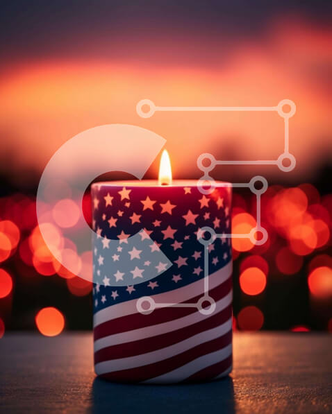 Intra Συλλεκτικό Ξύλινο Παζλ Plywood  4mm - Κερί αμερικανικής σημαίας με φώτα Bokeh στο ηλιοβασίλεμα Σε Ξύλινο Κουτί - Διαστάσεις Puzzle: 10x10 cm – 25 κομμάτια