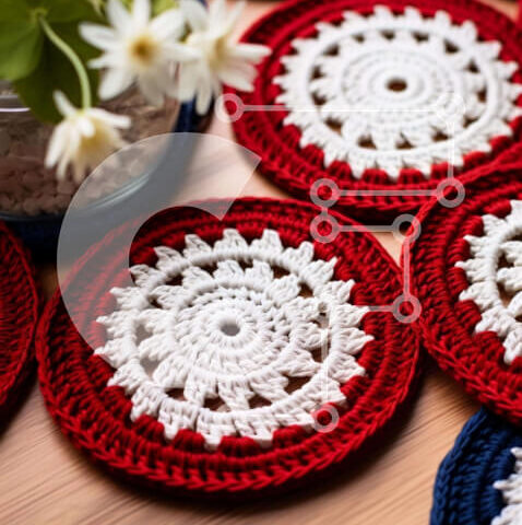 Intra Συλλεκτικό Ξύλινο Παζλ Plywood  4mm - Σουβέρ με κροσέ σε κόκκινο, λευκό και μπλε Σε Ξύλινο Κουτί - Διαστάσεις: 10x10 cm – 25 κομμάτια - Image 1