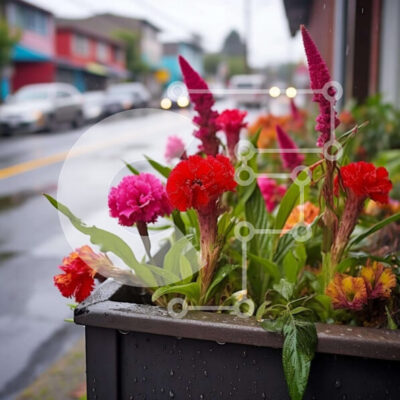 Intra Συλλεκτικό Ξύλινο Παζλ Plywood  4mm - Πολύχρωμα λουλούδια σε μαύρο φυτευτή κάτω από τη βροχή Σε Ξύλινο Κουτί - Διαστάσεις: 10x10 cm – 25 κομμάτια - Image 1