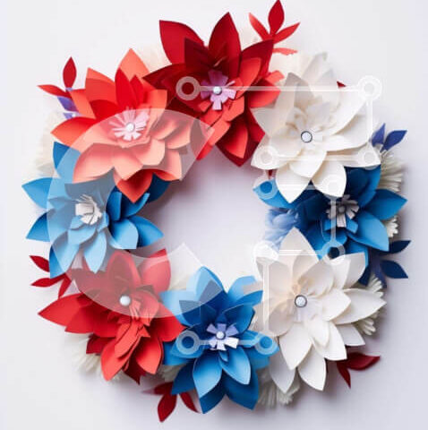 Intra Συλλεκτικό Ξύλινο Παζλ Plywood 4mm - Πατριωτικό στεφάνι από χαρτί με κόκκινα, λευκά και μπλε λουλούδια Σε Ξύλινο Κουτί - Διαστάσεις Puzzle: 10x10 cm – 25 κομμάτια - Image 1