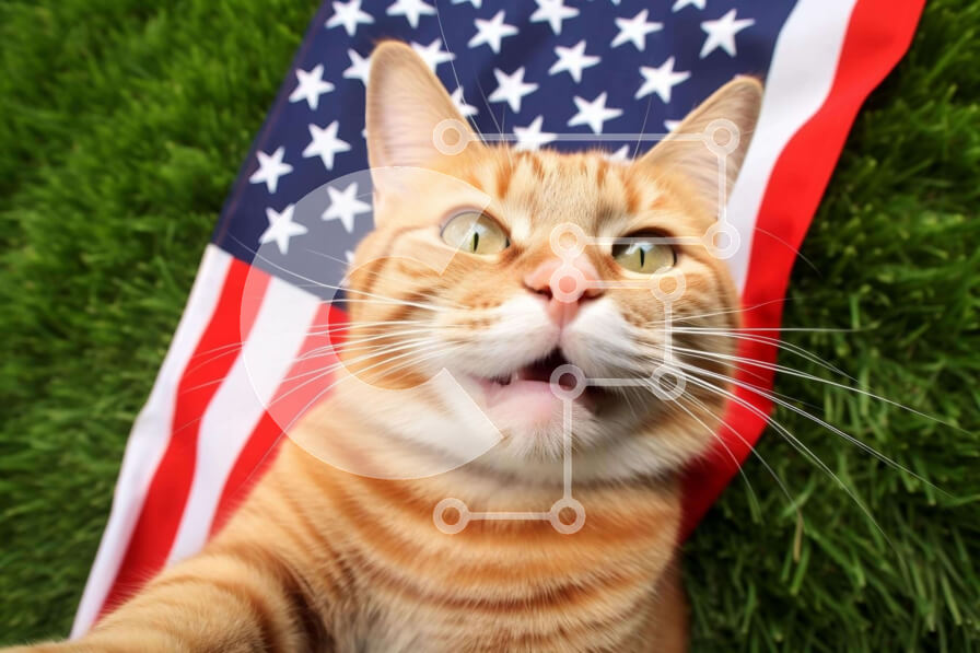 Intra Συλλεκτικό Ξύλινο Παζλ Plywood  4mm - Πορτοκαλί γάτα με αμερικανική σημαία Σε Ξύλινο Κουτί - Διαστάσεις: 10x10 cm – 25 κομμάτια