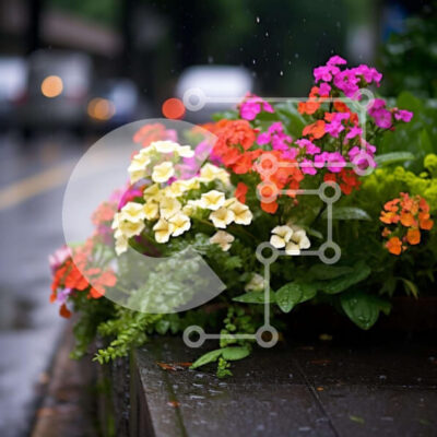 Intra Συλλεκτικό Ξύλινο Παζλ Plywood  4mm - Πολύχρωμα λουλούδια στη βροχή σε ένα αστικό πεζοδρόμιο Σε Ξύλινο Κουτί - Διαστάσεις: 10x10 cm – 25 κομμάτια - Image 1