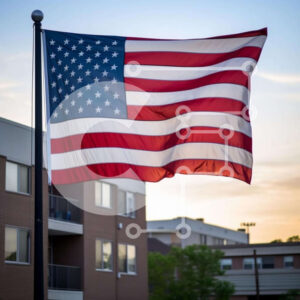 Intra Συλλεκτικό Ξύλινο Παζλ Plywood  4mm - Αμερικανική σημαία κοντά σε πολυκατοικία Σε Ξύλινο Κουτί - Διαστάσεις Puzzle: 10x10 cm – 25 κομμάτια