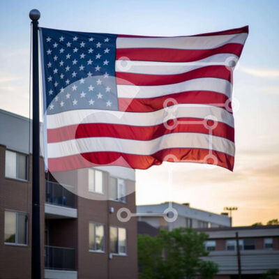 Intra Συλλεκτικό Ξύλινο Παζλ Plywood  4mm - Αμερικανική σημαία κοντά σε πολυκατοικία Σε Ξύλινο Κουτί - Διαστάσεις Puzzle: 10x10 cm – 25 κομμάτια - Image 1