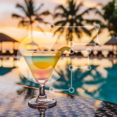 Intra Συλλεκτικό Ξύλινο Παζλ Plywood  4mm - Σκηνή κοκτέιλ ηλιοβασιλέματος σε υπαίθριο τραπέζι μπιλιάρδου με φοίνικες Σε Ξύλινο Κουτί - Διαστάσεις Puzzle: 10x10 cm – 25 κομμάτια - Image 1