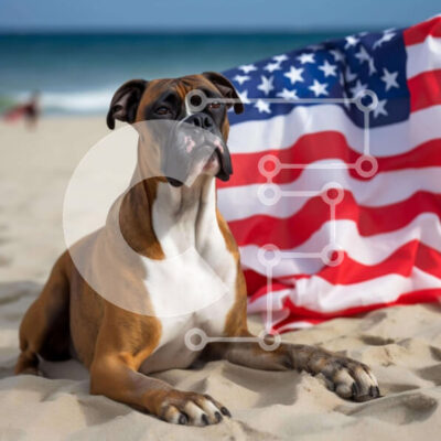 Intra Συλλεκτικό Ξύλινο Παζλ Plywood 4mm - Σκύλος μπόξερ στην παραλία με αμερικανική σημαία Σε Ξύλινο Κουτί - Διαστάσεις Puzzle: 10x10 cm – 25 κομμάτια - Image 1