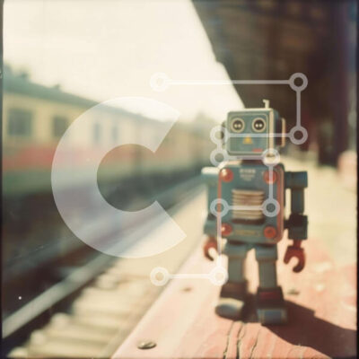 Intra Συλλεκτικό Ξύλινο Παζλ Plywood  4mm - Ρομπότ παιχνιδιού σε υπαίθριο κιγκλίδωμα σιδηροδρομικού σταθμού Σε Ξύλινο Κουτί - Διαστάσεις: 10x10 cm – 25 κομμάτια - Image 1