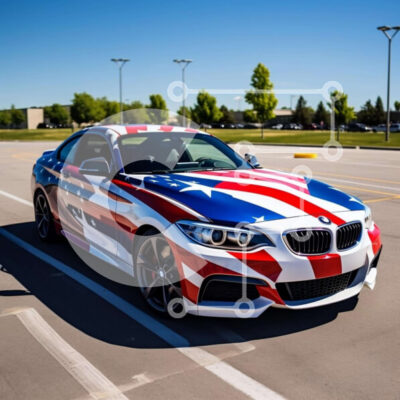 Intra Συλλεκτικό Ξύλινο Παζλ Plywood 4mm - Κόκκινο, λευκό και μπλε αυτοκίνητο BMW με σχέδιο αμερικανικής σημαίας Σε Ξύλινο Κουτί - Διαστάσεις Puzzle: 10x10 cm – 25 κομμάτια - Image 1