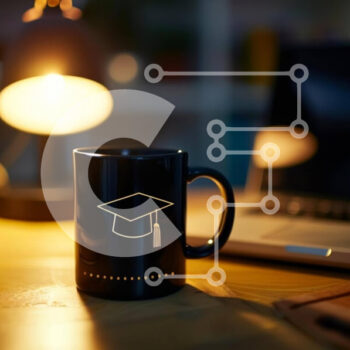 Intra Συλλεκτικό Ξύλινο Παζλ Plywood  4mm - Μαύρη κούπα καφέ αποφοίτησης σε βιβλιοθήκη με φορητό υπολογιστή και βιβλία Σε Ξύλινο Κουτί - Διαστάσεις Puzzle: 10x10 cm – 25 κομμάτια - Image 1