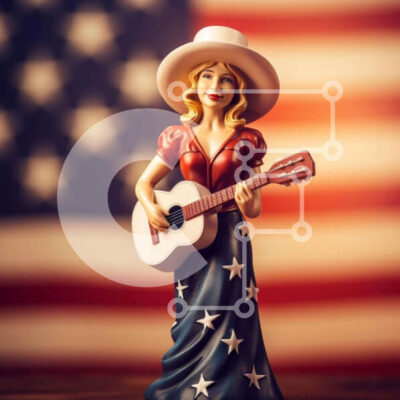 Intra Συλλεκτικό Ξύλινο Παζλ Plywood 4mm - Αμερικανικό ειδώλιο γυναίκας που παίζει κιθάρα μπροστά από την αμερικανική σημαία Σε Ξύλινο Κουτί - Διαστάσεις Puzzle: 10x10 cm – 25 κομμάτια - Image 1