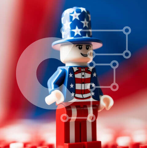 Intra Συλλεκτικό Ξύλινο Παζλ Plywood 4mm - Φιγούρα Lego με αμερικανική πατριωτική ενδυμασία σε κόκκινο, λευκό και μπλε μπλοκ Σε Ξύλινο Κουτί - Διαστάσεις: 10x10 cm – 25 κομμάτια - Image 1