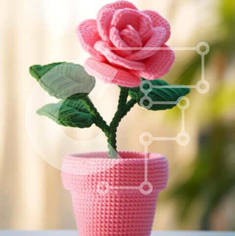 Intra Συλλεκτικό Ξύλινο Παζλ Plywood  4mm - Ροζ κροσέ γλάστρα με πράσινα φύλλα Σε Ξύλινο Κουτί - Διαστάσεις: 10x10 cm – 25 κομμάτια - Image 1