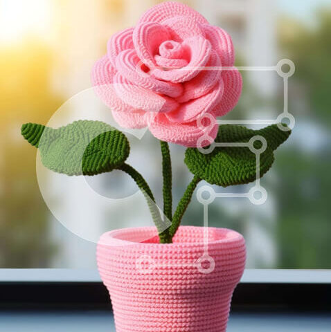 Intra Συλλεκτικό Ξύλινο Παζλ Plywood 4mm - Ροζ κροσέ λουλούδι μπροστά από το ανοιχτό παράθυρο Σε Ξύλινο Κουτί - Διαστάσεις: 10x10 cm – 25 κομμάτια - Image 1