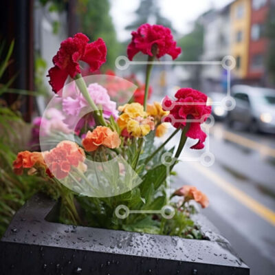 Intra Συλλεκτικό Ξύλινο Παζλ Plywood  4mm - Πολύχρωμα λουλούδια στη βροχή με μαύρο φυτευτή Σε Ξύλινο Κουτί - Διαστάσεις: 10x10 cm – 25 κομμάτια - Image 1