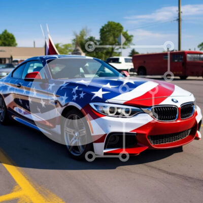 Intra Συλλεκτικό Ξύλινο Παζλ Plywood  4mm - Κόκκινο, λευκό και μπλε αυτοκίνητο με αμερικανική σημαία για τις 4 Ιουλίου Σε Ξύλινο Κουτί - Διαστάσεις Puzzle: 10x10 cm – 25 κομμάτια - Image 1