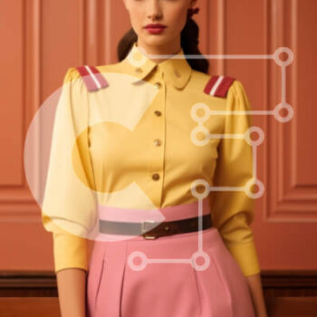 Intra Συλλεκτικό Ξύλινο Παζλ Plywood  4mm - Γυναίκα με κίτρινο πουκάμισο και ροζ φούστα ποζάρει για κάμερα Σε Ξύλινο Κουτί - Διαστάσεις Puzzle: 10x10 cm – 25 κομμάτια - Image 1