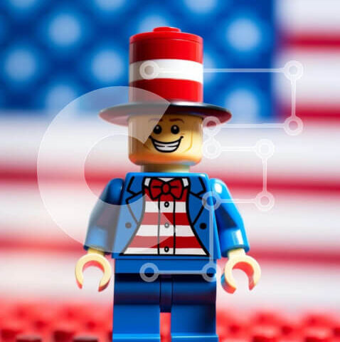 Intra Συλλεκτικό Ξύλινο Παζλ Plywood  4mm - Φιγούρα Lego που γιορτάζει με αμερικανική σημαία Σε Ξύλινο Κουτί - Διαστάσεις Puzzle: 10x10 cm – 25 κομμάτια - Image 1