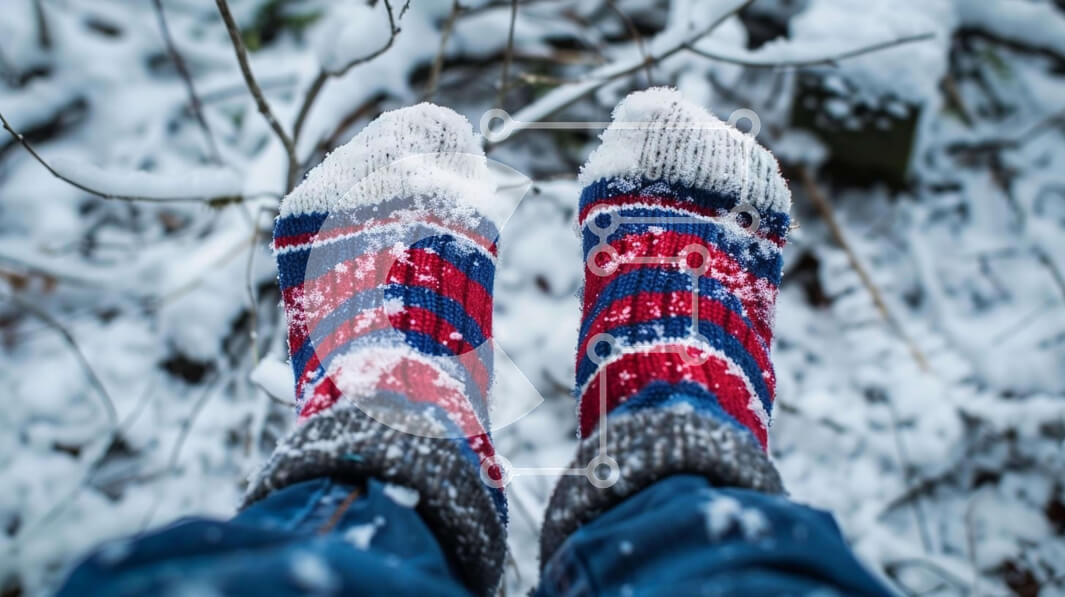 Intra Συλλεκτικό Ξύλινο Παζλ Plywood  4mm - Πόδια ατόμου καλυμμένα στο χιόνι με κόκκινες και μπλε κάλτσες Σε Ξύλινο Κουτί - Διαστάσεις Puzzle: 10x10 cm – 25 κομμάτια