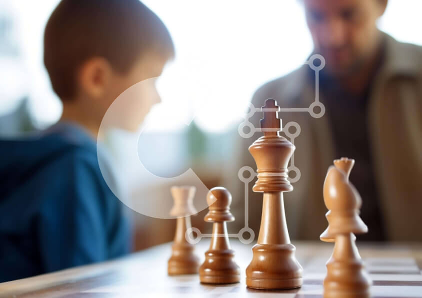 Intra Συλλεκτικό Ξύλινο Παζλ Plywood 4mm - Άνδρας και παιδί που παίζουν σκάκι Σε Ξύλινο Κουτί - Διαστάσεις Puzzle: 10x10 cm – 25 κομμάτια - Image 1