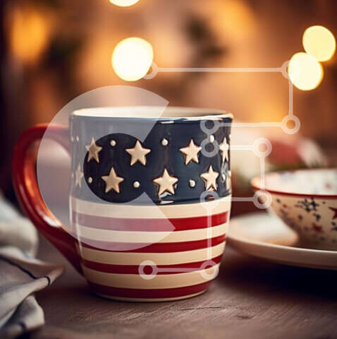 Intra Συλλεκτικό Ξύλινο Παζλ Plywood 4mm - Κούπα καφέ αμερικανικής σημαίας σε πιάτα με φώτα Σε Ξύλινο Κουτί - Διαστάσεις Puzzle: 10x10 cm – 25 κομμάτια - Image 1