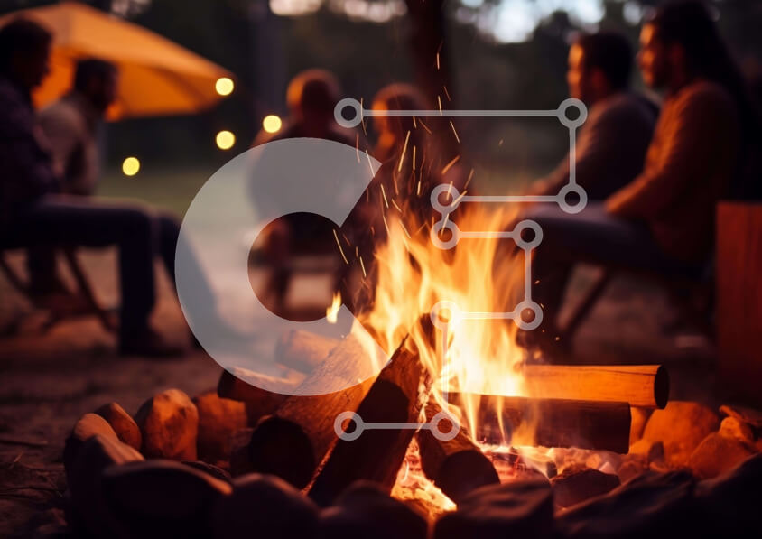 Intra Συλλεκτικό Ξύλινο Παζλ Plywood  4mm - Ομάδα ανθρώπων γύρω από τη φωτιά τη νύχτα με την ομπρέλα Σε Ξύλινο Κουτί - Διαστάσεις Puzzle: 10x10 cm – 25 κομμάτια