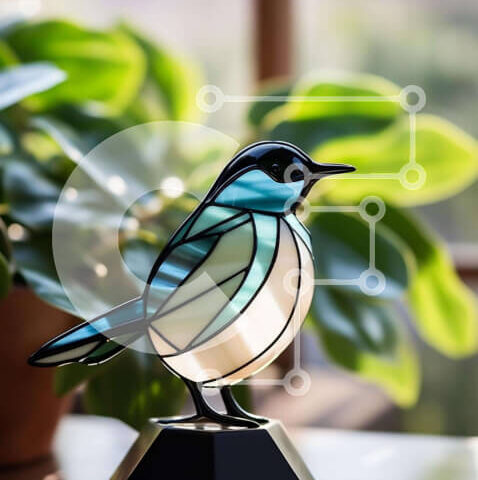 Intra Συλλεκτικό Ξύλινο Παζλ Plywood  4mm - Γαλανόλευκο ειδώλιο πουλιού με φυτά σε γλάστρες και βιβλία Σε Ξύλινο Κουτί - Διαστάσεις: 10x10 cm – 25 κομμάτια - Image 1