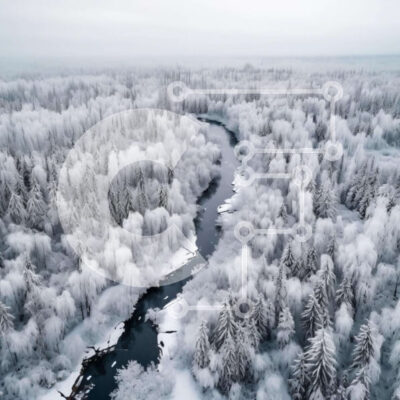 Intra Συλλεκτικό Ξύλινο Παζλ Plywood  4mm - Αεροφωτογραφία του χιονισμένου δάσους και του ποταμού Σε Ξύλινο Κουτί - Διαστάσεις: 10x10 cm – 25 κομμάτια - Image 1