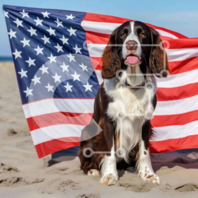 Intra Συλλεκτικό Ξύλινο Παζλ Plywood  4mm - Καφέ και λευκό σκυλί με αμερικανική σημαία στην παραλία Σε Ξύλινο Κουτί - Διαστάσεις: 10x10 cm – 25 κομμάτια - Image 1