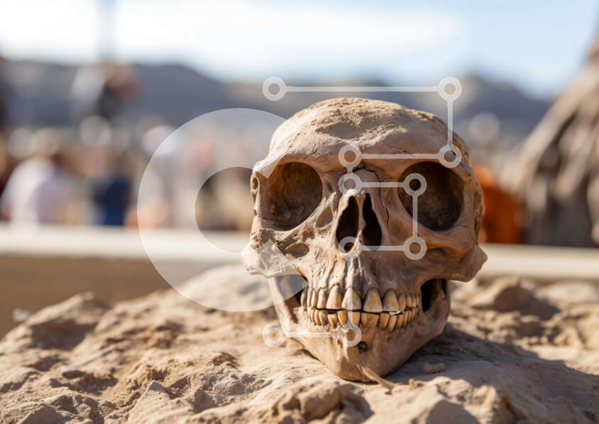 Intra Συλλεκτικό Ξύλινο Παζλ Plywood  4mm - Κρανίο σε αρχαιολογικό περιβάλλον με επισκέπτες Σε Ξύλινο Κουτί - Διαστάσεις Puzzle: 10x10 cm – 25 κομμάτια