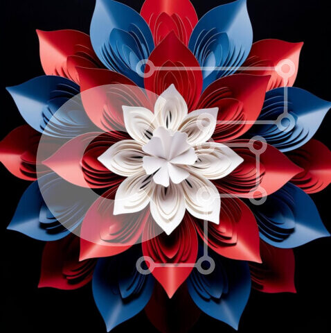 Intra Συλλεκτικό Ξύλινο Παζλ Plywood 4mm - Κόκκινη, Λευκή και Μπλε Χάρτινη Ανθοσύνθεση Σε Ξύλινο Κουτί - Διαστάσεις Puzzle: 10x10 cm – 25 κομμάτια - Image 1