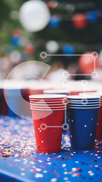 Intra Συλλεκτικό Ξύλινο Παζλ Plywood  4mm - Κόκκινα, λευκά και μπλε χάρτινα ποτήρια στο τραπέζι με κομφετί Σε Ξύλινο Κουτί - Διαστάσεις Puzzle: 10x10 cm – 25 κομμάτια