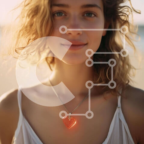 Intra Συλλεκτικό Ξύλινο Παζλ Plywood  4mm - Νεαρή γυναίκα στην παραλία με πορτοκαλί κολιέ καρδιά Σε Ξύλινο Κουτί - Διαστάσεις Puzzle: 10x10 cm – 25 κομμάτια - Image 1