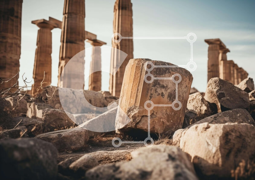 Intra Συλλεκτικό Ξύλινο Παζλ Plywood  4mm - Αρχαίος Ελληνικός Ναός με Βράχους και Κίονες Σε Ξύλινο Κουτί - Διαστάσεις Puzzle: 10x10 cm – 25 κομμάτια