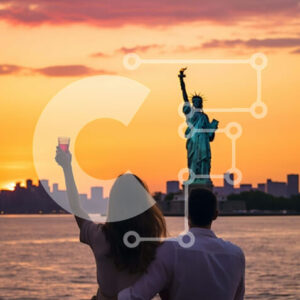 Intra Συλλεκτικό Ξύλινο Παζλ Plywood  4mm - Ρομαντική βόλτα με σκάφος στο ηλιοβασίλεμα με θέα στο άγαλμα της ελευθερίας Σε Ξύλινο Κουτί - Διαστάσεις Puzzle: 10x10 cm – 25 κομμάτια