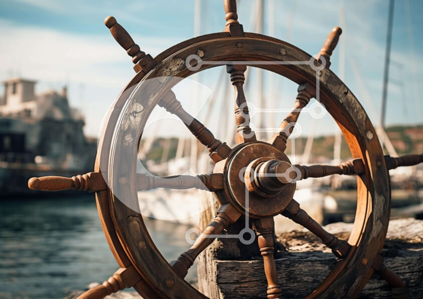 Intra Συλλεκτικό Ξύλινο Παζλ Plywood  4mm - Ξύλινο τιμόνι πλοίου στην αποβάθρα με βάρκες Σε Ξύλινο Κουτί - Διαστάσεις Puzzle: 10x10 cm – 25 κομμάτια