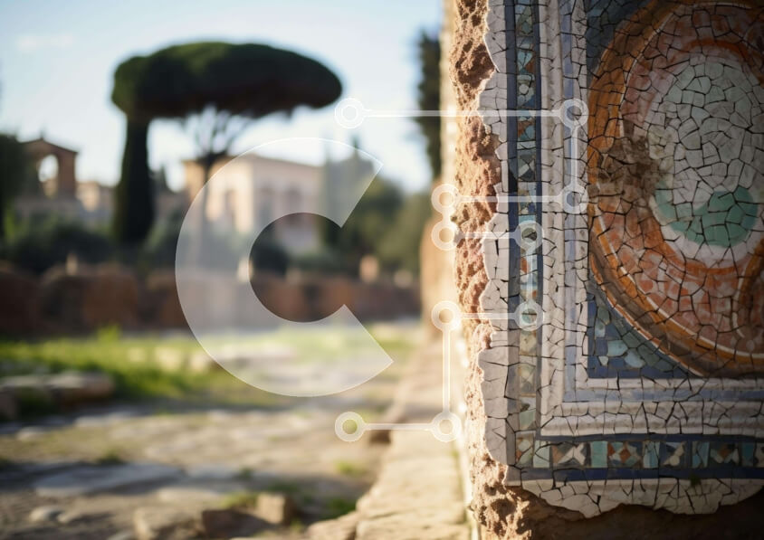 Intra Συλλεκτικό Ξύλινο Παζλ Plywood  4mm - Αρχαίος ψηφιδωτός τοίχος με πλακάκια και διάσπαρτα τεχνουργήματα Σε Ξύλινο Κουτί - Διαστάσεις Puzzle: 10x10 cm – 25 κομμάτια