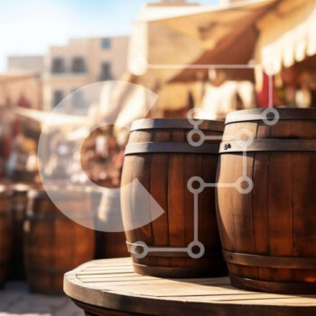 Intra Συλλεκτικό Ξύλινο Παζλ Plywood  4mm - Ξύλινα βαρέλια και άνθρωποι στην υπαίθρια αγορά Σε Ξύλινο Κουτί - Διαστάσεις Puzzle: 10x10 cm – 25 κομμάτια - Image 1