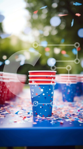 Intra Συλλεκτικό Ξύλινο Παζλ Plywood  4mm - Εξωτερική σκηνή πάρτι με χάρτινα κύπελλα κόκκινου, λευκού και μπλε Σε Ξύλινο Κουτί - Διαστάσεις Puzzle: 10x10 cm – 25 κομμάτια