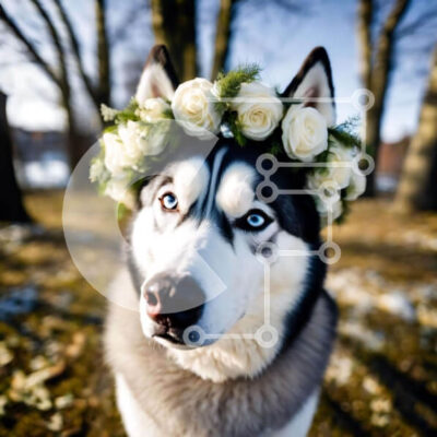 Intra Συλλεκτικό Ξύλινο Παζλ Plywood  4mm - Λευκό και μαύρο σκυλί γεροδεμένο με στέμμα λουλουδιών σε εξωτερικούς χώρους Σε Ξύλινο Κουτί - Διαστάσεις: 10x10 cm – 25 κομμάτια - Image 1