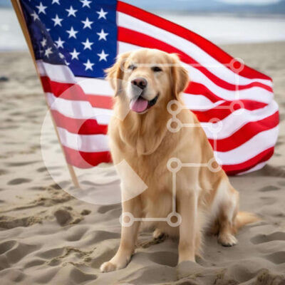 Intra Συλλεκτικό Ξύλινο Παζλ Plywood  4mm - Σκύλος Γκόλντεν Ριτρίβερ στην παραλία με αμερικανική σημαία Σε Ξύλινο Κουτί - Διαστάσεις: 10x10 cm – 25 κομμάτια - Image 1