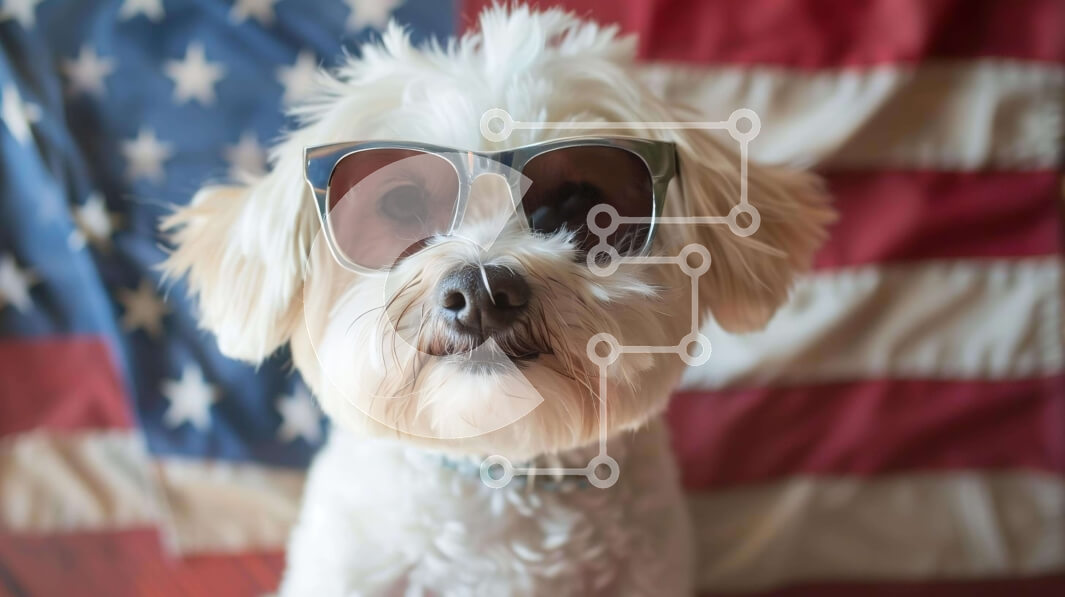 Intra Συλλεκτικό Ξύλινο Παζλ Plywood  4mm - Κομψό λευκό σκυλί με γυαλιά ηλίου μπροστά από την αμερικανική σημαία Σε Ξύλινο Κουτί - Διαστάσεις: 10x10 cm – 25 κομμάτια