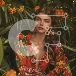 Intra Συλλεκτικό Ξύλινο Παζλ Plywood  4mm - Όμορφη γυναίκα με πορτοκαλί φλοράλ φόρεμα που περιβάλλεται από καταπράσινο φύλλωμα Σε Ξύλινο Κουτί - Διαστάσεις Puzzle: 10x10 cm – 25 κομμάτια