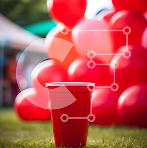 Intra Συλλεκτικό Ξύλινο Παζλ Plywood  4mm - Κόκκινο πλαστικό κύπελλο στο γρασίδι με κόκκινα μπαλόνια Σε Ξύλινο Κουτί - Διαστάσεις: 10x10 cm – 25 κομμάτια - Image 1