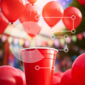 Intra Συλλεκτικό Ξύλινο Παζλ Plywood  4mm - Υπαίθριο πάρτι με κόκκινο χάρτινο κύπελλο και μπαλόνια Σε Ξύλινο Κουτί - Διαστάσεις Puzzle: 10x10 cm – 25 κομμάτια