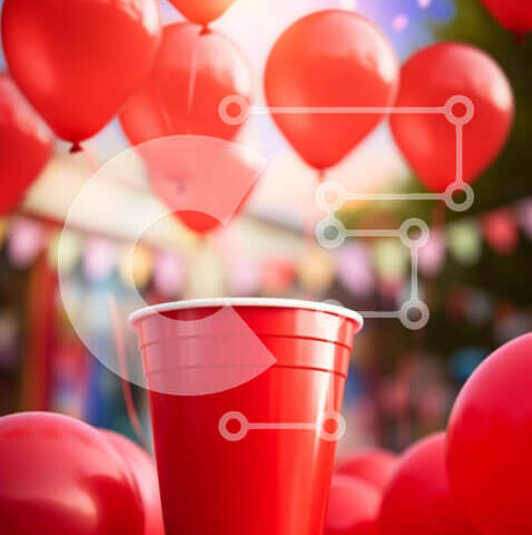 Intra Συλλεκτικό Ξύλινο Παζλ Plywood  4mm - Υπαίθριο πάρτι με κόκκινο χάρτινο κύπελλο και μπαλόνια Σε Ξύλινο Κουτί - Διαστάσεις Puzzle: 10x10 cm – 25 κομμάτια - Image 1