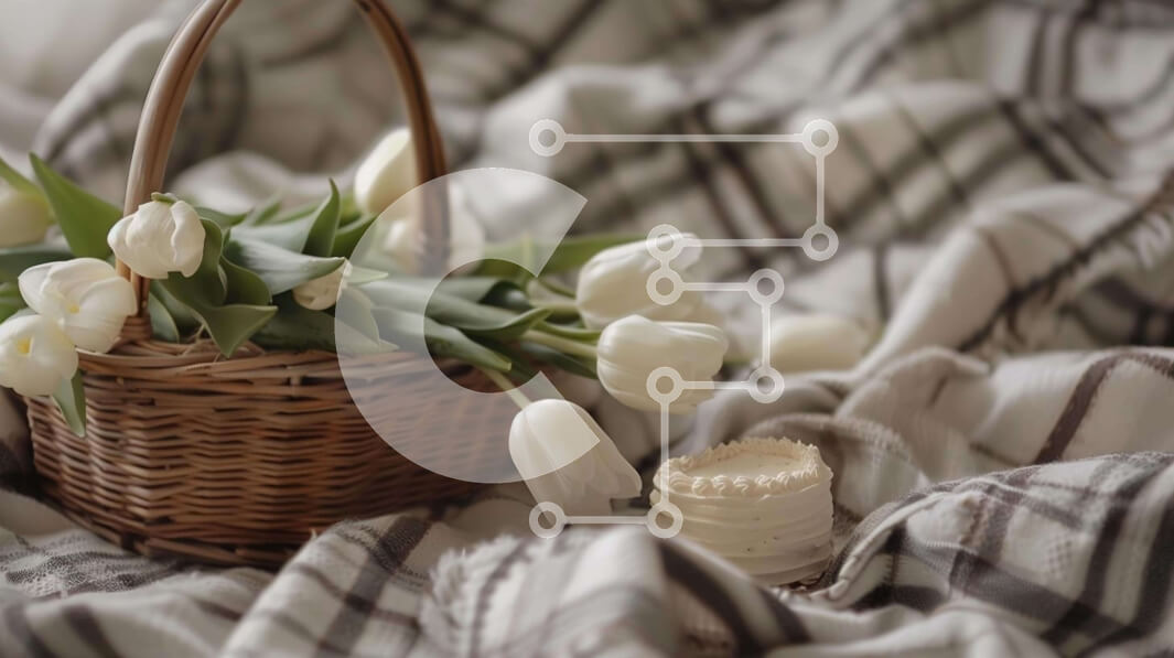 Intra Συλλεκτικό Ξύλινο Παζλ Plywood  4mm - Καλάθι και κέικ με λευκές τουλίπες Σε Ξύλινο Κουτί - Διαστάσεις Puzzle: 10x10 cm – 25 κομμάτια